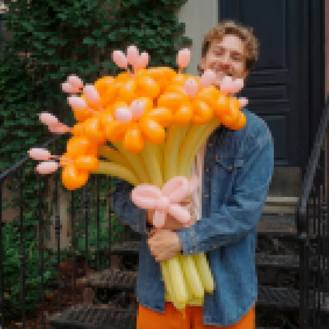man holding balloon flowers video enhanced with AI